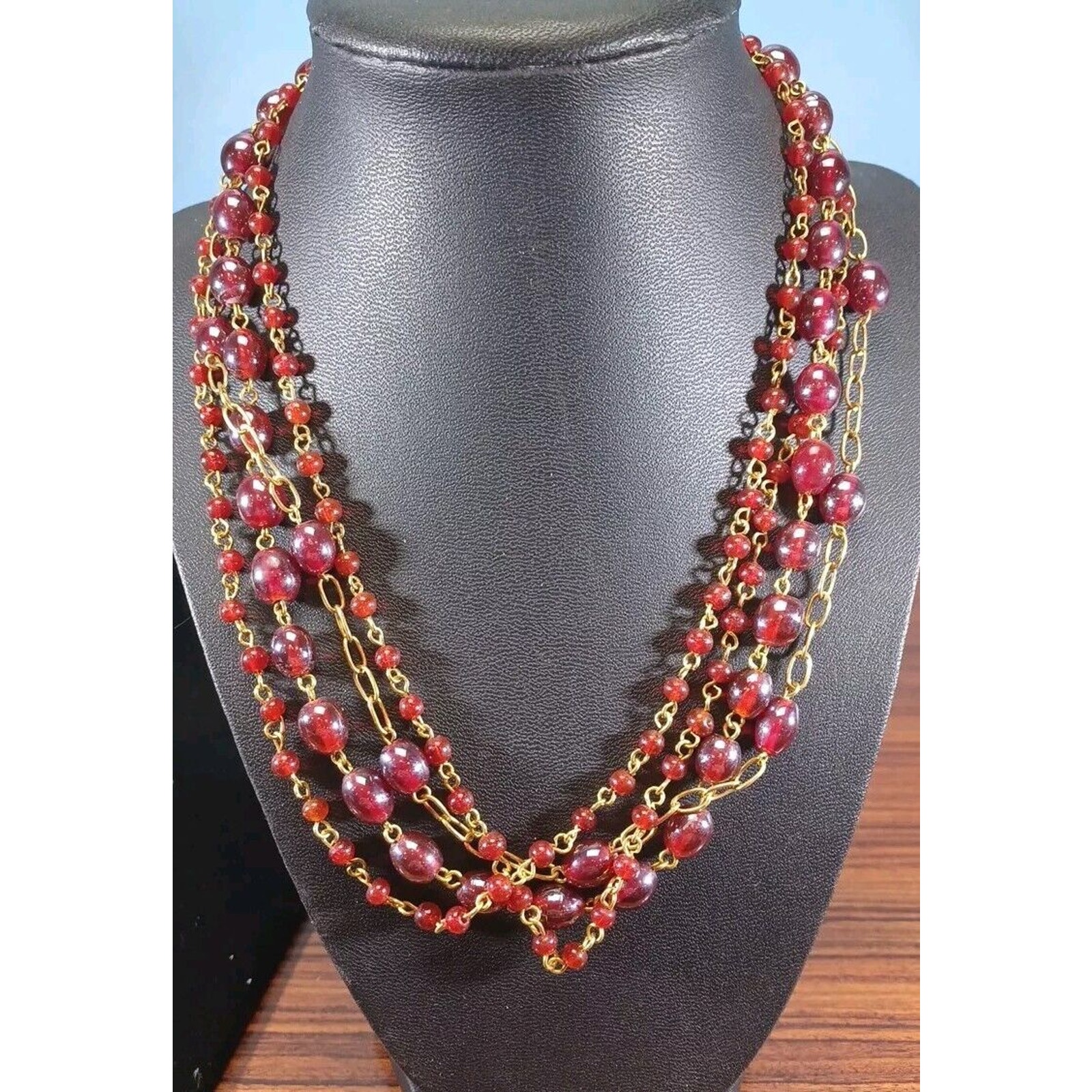 Red Glass Bead Necklace Goldentone 4 Strand Beautiful Costume India Glamorous 14$